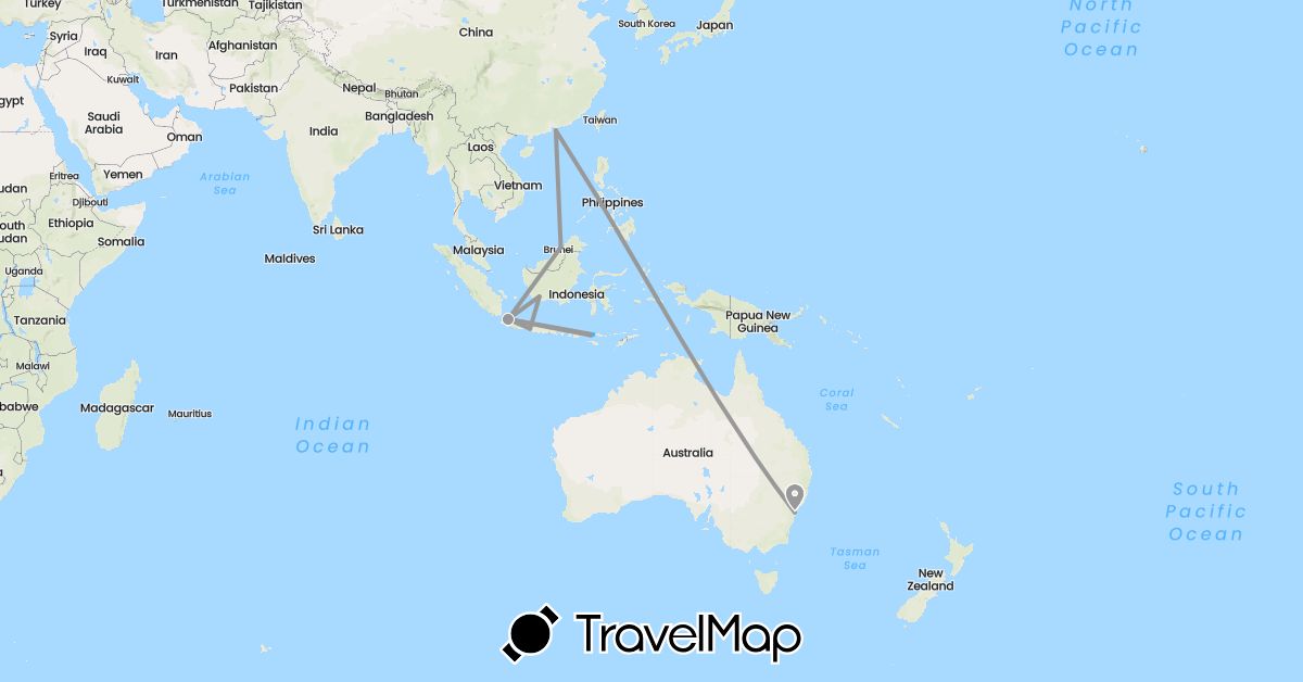 TravelMap itinerary: driving, plane, boat in Australia, Brunei, China, Indonesia (Asia, Oceania)