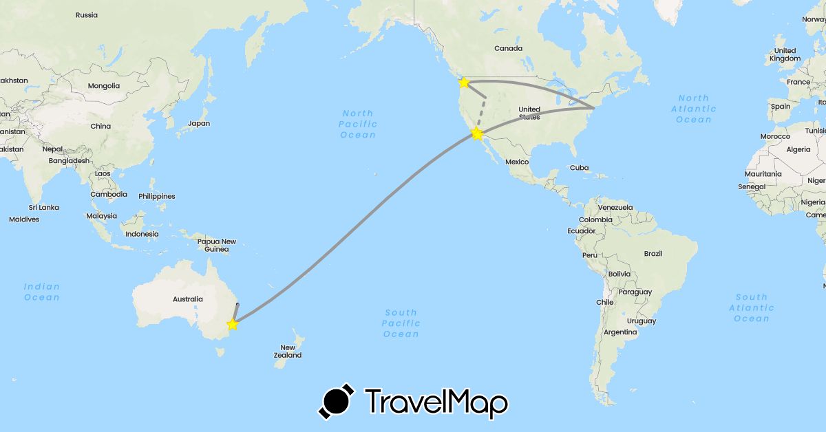 TravelMap itinerary: driving, plane, train in Australia, United States (North America, Oceania)