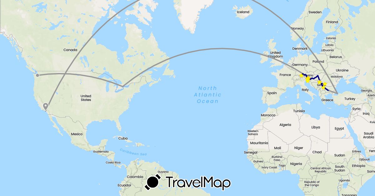TravelMap itinerary: driving, plane in Austria, Bulgaria, Canada, Germany, Hungary, Serbia, Slovenia, Turkey, United States (Asia, Europe, North America)