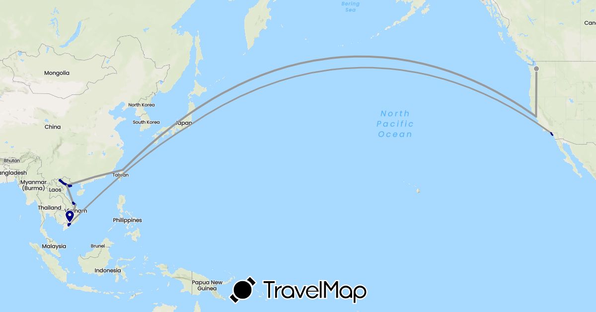 TravelMap itinerary: driving, plane in Japan, Taiwan, United States, Vietnam (Asia, North America)