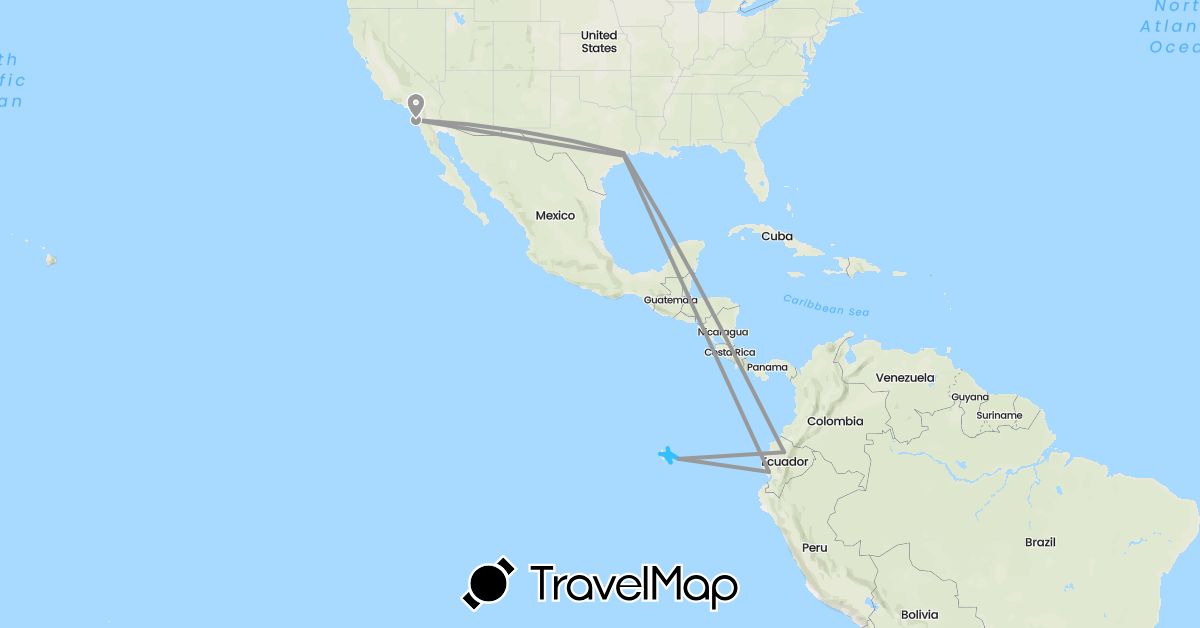 TravelMap itinerary: plane, boat in Ecuador, United States (North America, South America)