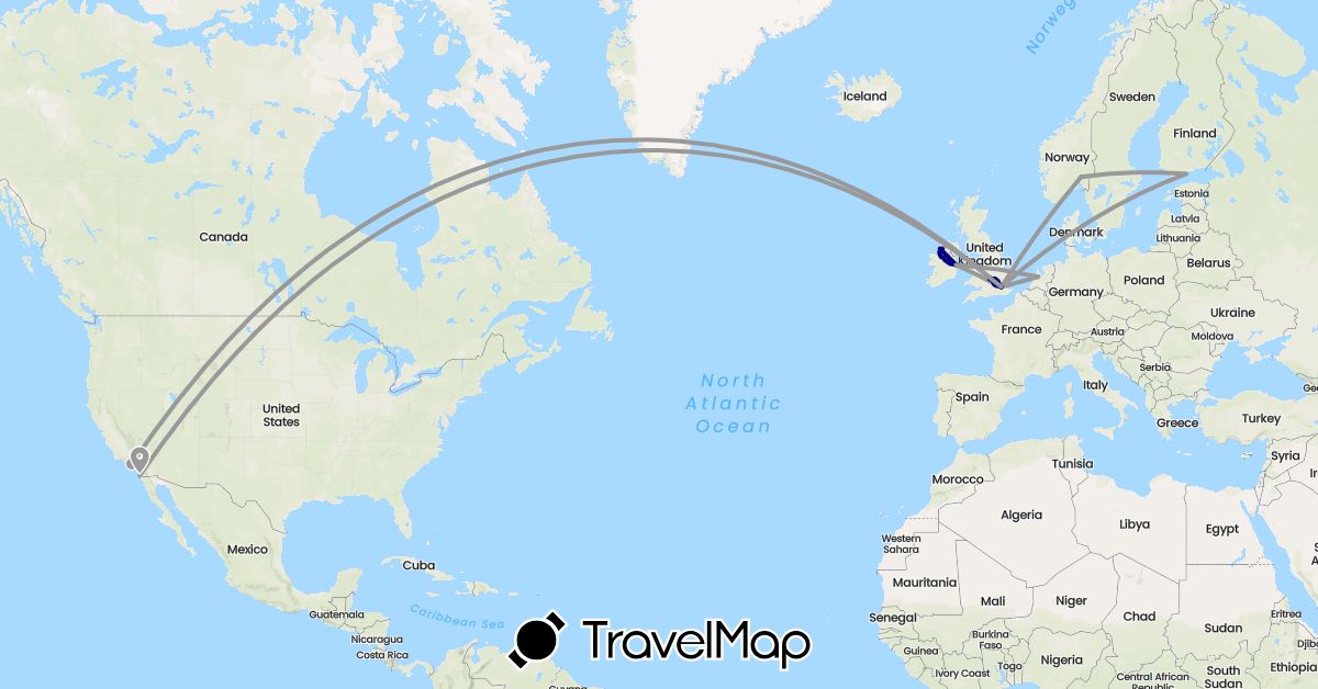 TravelMap itinerary: driving, plane in Finland, United Kingdom, Ireland, Netherlands, Norway, United States (Europe, North America)
