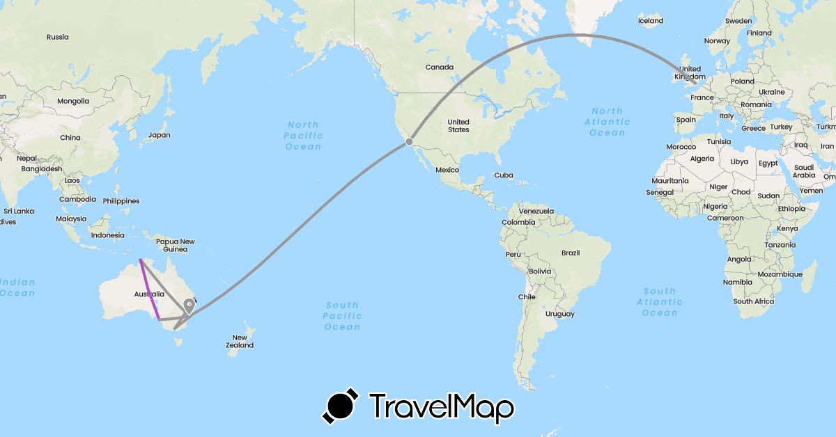 TravelMap itinerary: driving, plane, train in Australia, United Kingdom, United States (Europe, North America, Oceania)
