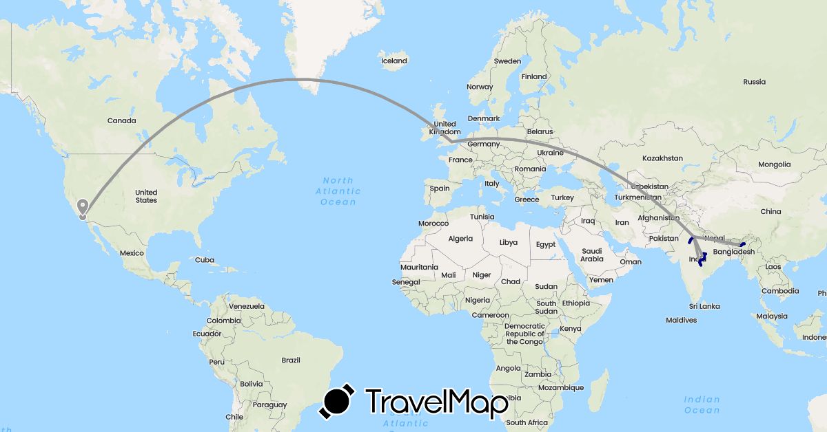 TravelMap itinerary: driving, plane in United Kingdom, India, United States (Asia, Europe, North America)