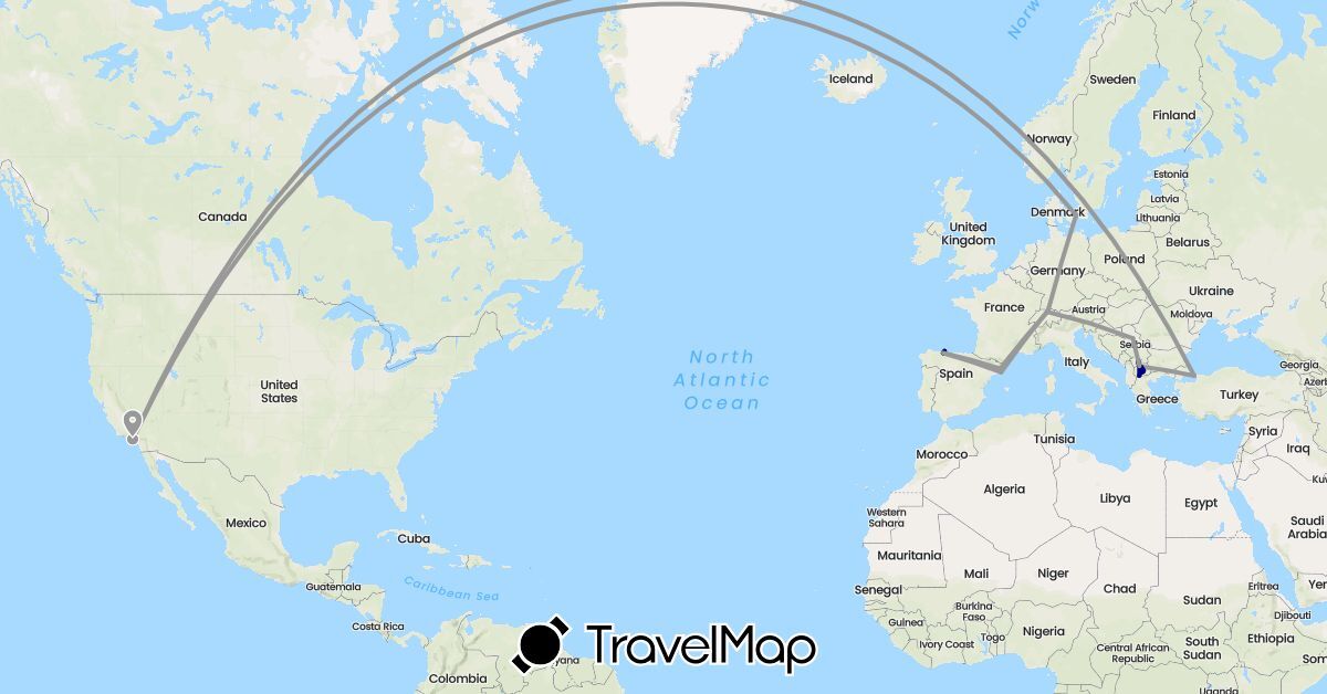 TravelMap itinerary: driving, plane in Switzerland, Denmark, Spain, Macedonia, Serbia, Turkey, United States, Kosovo (Asia, Europe, North America)