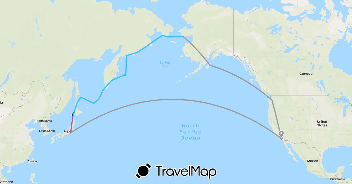 TravelMap itinerary: driving, plane, train, boat in Japan, Russia, United States (Asia, Europe, North America)