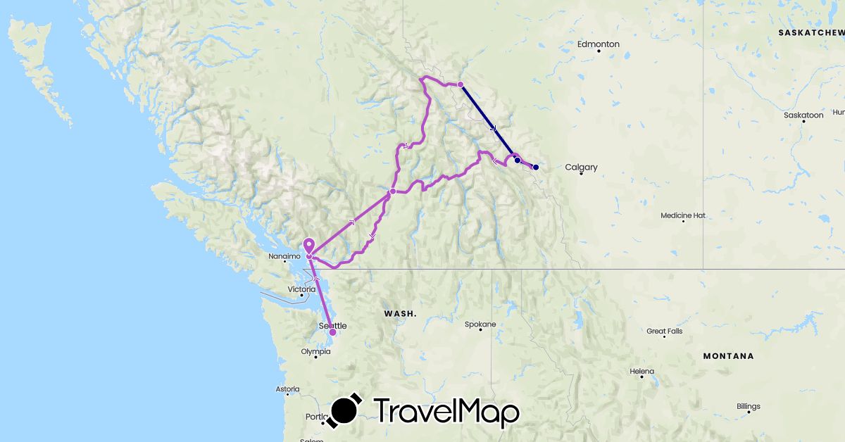 TravelMap itinerary: driving, train in Canada, United States (North America)
