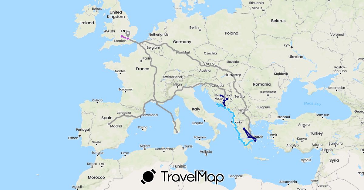 TravelMap itinerary: driving, plane, train, boat in Albania, Bosnia and Herzegovina, Spain, United Kingdom, Greece, Croatia, Italy, Montenegro (Europe)