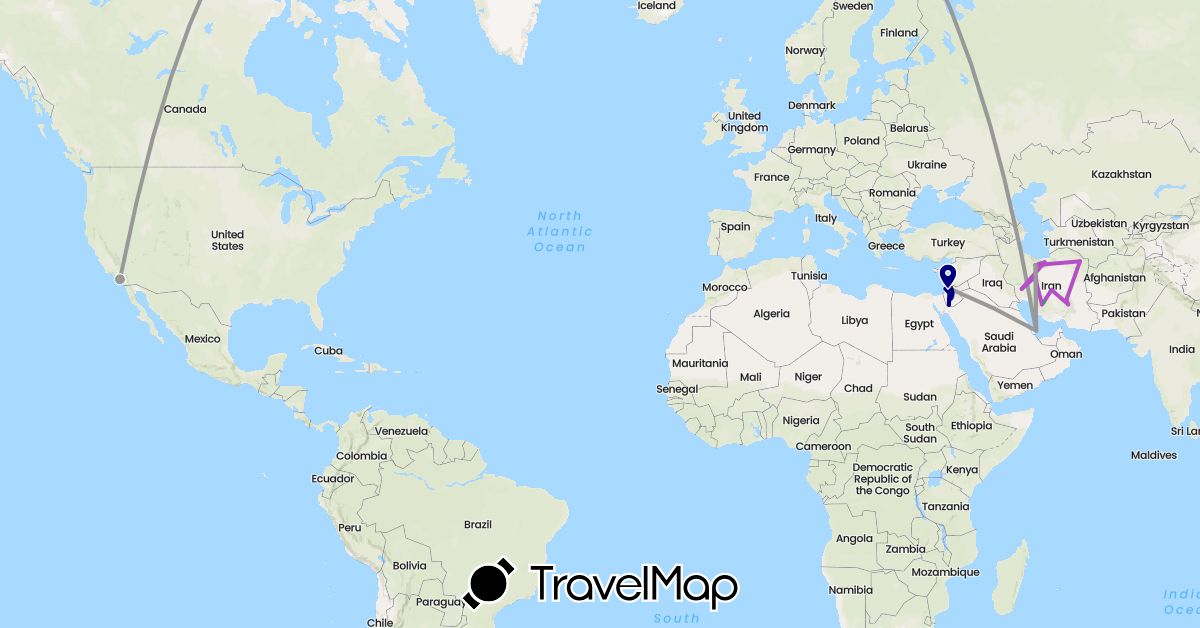 TravelMap itinerary: driving, bus, plane, train in Israel, Iran, Jordan, Palestinian Territories, Qatar, United States (Asia, North America)