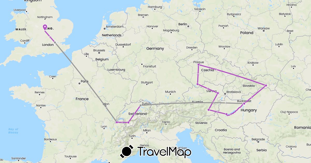 TravelMap itinerary: driving, plane, train in Austria, Switzerland, Czech Republic, United Kingdom, Hungary, Slovakia (Europe)