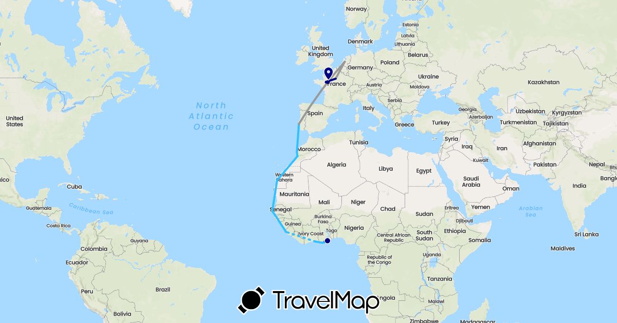 TravelMap itinerary: driving, plane, boat in Côte d'Ivoire, France, Ghana, Gambia, Morocco, Netherlands, Portugal, Sierra Leone, Senegal (Africa, Europe)