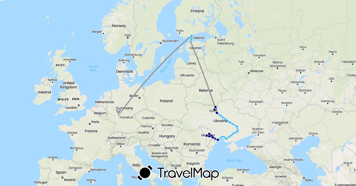 TravelMap itinerary: driving, plane, boat in Germany, Estonia, Finland, Moldova, Ukraine (Europe)
